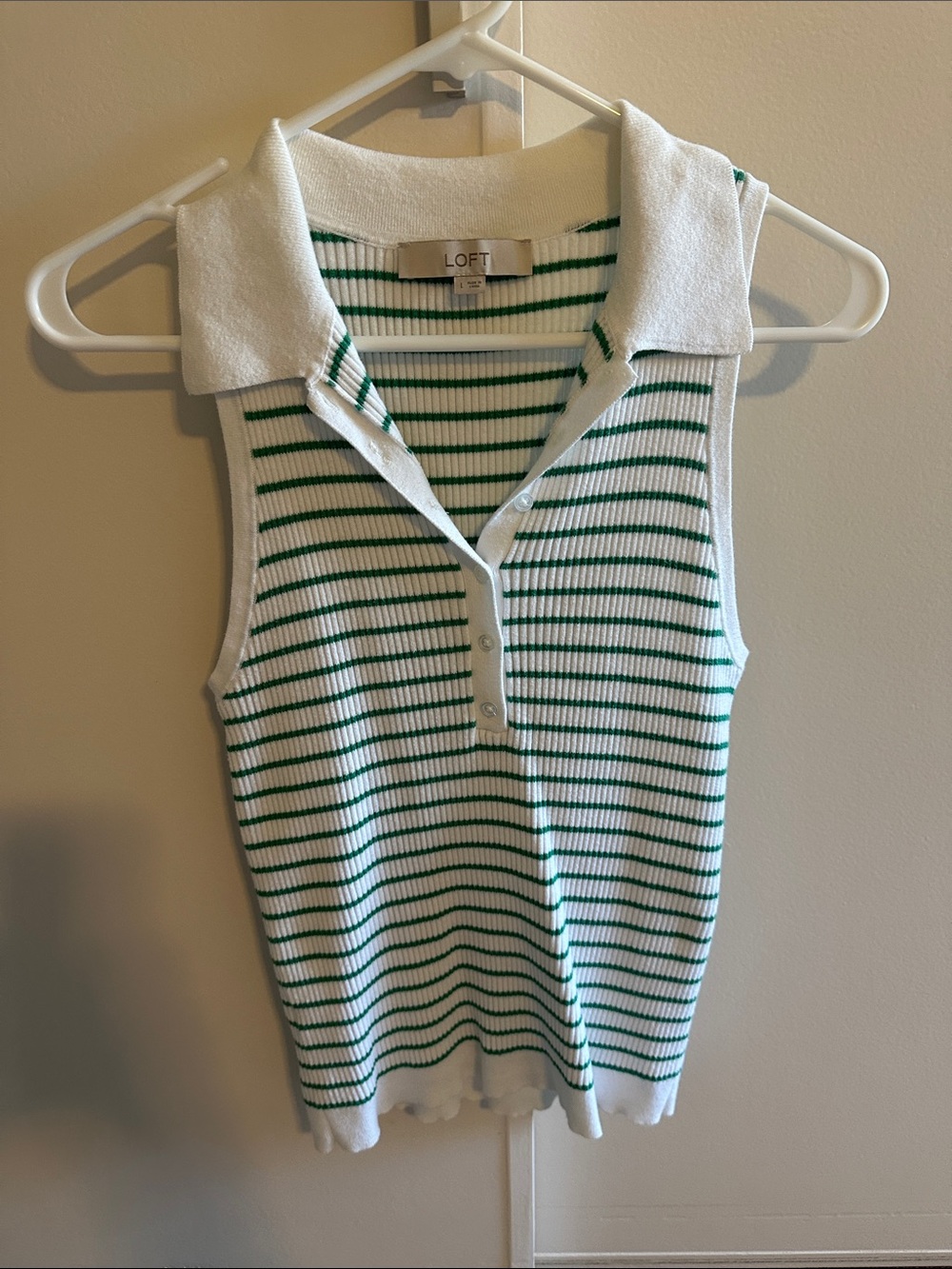 LOFT White and Green Striped Sleeveless Polo Top